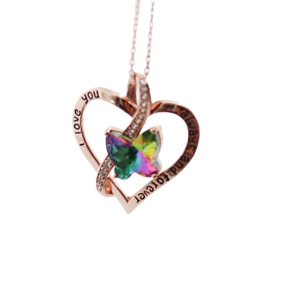 Old Rubin Heart Butterfly Necklace‎ Rose Gold Plated